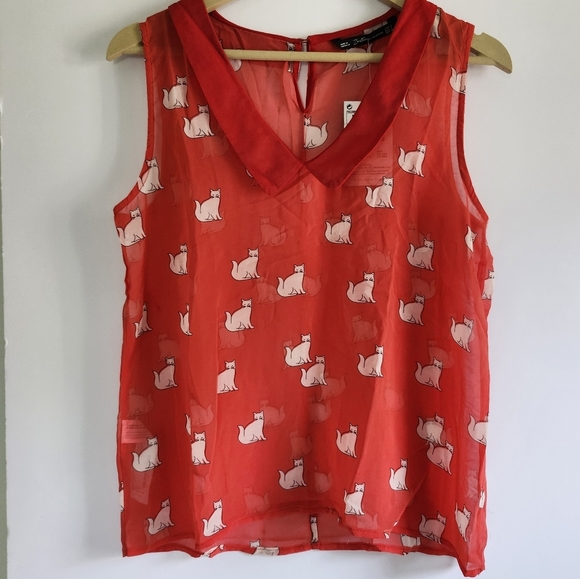Zara Trafaluc Collection Sheer Red Sleeveless Blouse With Cat Pattern Size Large - Picture 1 of 13